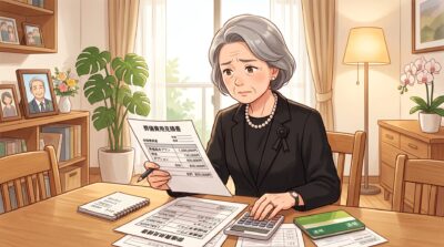 喪服姿の高齢女性が葬儀費用の見積書を確認している